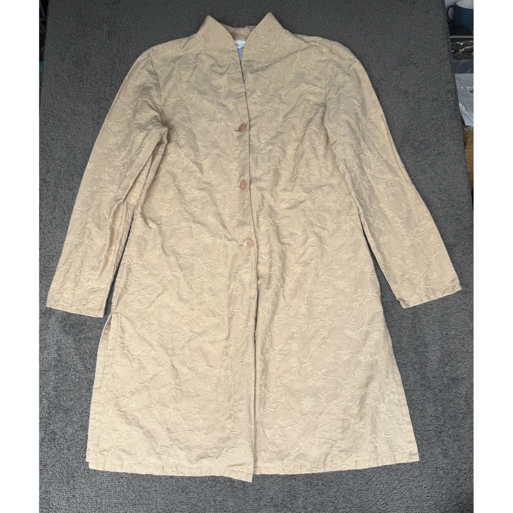 Coldwater Creek Beige Linen Blend Embroidered Floral Longline Jacket Mock Neck M